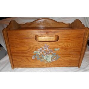 Vintage Oak Wood Bread box painted Flowers Butterfly Cottage Core Granny Excelle